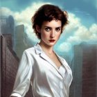 Digital portrait of woman with short, wavy hair in white shirt against mountainous landscape & cloudy skies