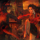 Stylized artwork of woman in fiery clothing against abstract background