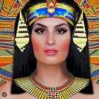 Elaborate Cleopatra Costume with Vibrant Headdress and Egyptian Motif Background