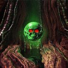 Glowing green skull with red eyes and mechanical tendrils in dark cybernetic setting