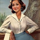 Vintage Portrait of Woman with Wavy Hair in White Blouse and Blue Skirt