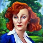 Portrait of Woman with Red Hair and Blue Eyes in Blue Garment, White Shirt, Green Foli