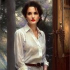 Woman with short dark hair in white shirt by wooden door with forest background