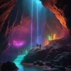 Explorers in vibrant, otherworldly cave with tranquil water and ethereal lighting