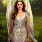 Mystical forest scene with woman in angel wings and tiara