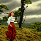 Woman in white blouse and red skirt in windswept field with scattered trees under stormy sky