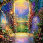 Fantastical landscape with open gate and luminous path to quaint houses