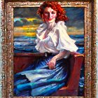 Vibrant painting: Red-haired woman by the sea at sunset