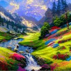 Colorful Landscape Painting with Babbling Brook and Rolling Hills