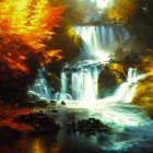 Autumn waterfall scene with sunlight filtering through leaves