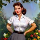 Vintage Hairstyle Woman in White Blouse and Grey Skirt on Floral Background