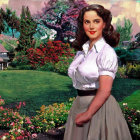 Vintage Portrait of Woman in White Blouse in Colorful Garden