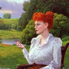 Red-Haired Woman in White Blouse Sitting Outdoors