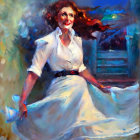 Young woman portrait with red hair, white outfit, and impressionistic background