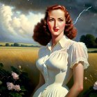 Vintage-style painting of woman in white dress against stormy landscape