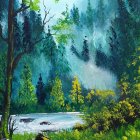 Tranquil forest scene with river, rocks, trees, and wildflowers