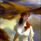 Reddish-Haired Woman in White Dress Against Dramatic Landscape