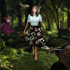 Woman in floral dress with grinning cat and purple creature in enchanted forest