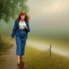 Red-haired woman in blue outfit walking in misty landscape