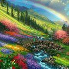 Colorful landscape with rainbow, meadow, stream, and hills.