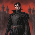 Medieval vampire in black costume before castle under red sky