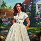 Dark-Haired Woman in White Dress Standing by Blooming Flowers House