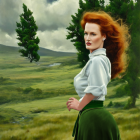 Woman with Red Hair and Lipstick in White Blouse and Green Skirt Standing in Lush Field