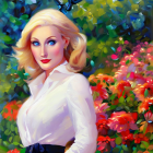 Blonde Woman in White Blouse with Blue Eyes in Colorful Floral Painting