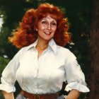 Smiling woman with red curly hair in white blouse by tree