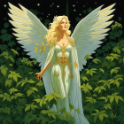 Blonde winged woman in green dress surrounded by cannabis plants and butterfly