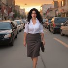 Confident woman in business casual attire walking city street at sunset