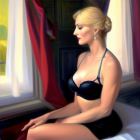 Woman in Black Lingerie Contemplating by Sunlit Window