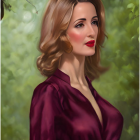 Portrait of woman with wavy hair and red lipstick in purple blouse, looking sideways on blurred nature background