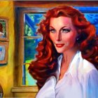 Woman with Red Hair and Blue Eyes in White Shirt Surrounded by Colorful Frames