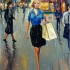 Blonde Woman Walking in Blue Shirt and Black Skirt with Shopping Bags on Rainy City Street