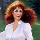 Portrait of woman with voluminous red hair in white blouse against green and purple garden.