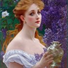 Reddish-Haired Woman Holding Vase in White Dress Among Purple Flowers