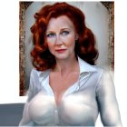 Realistic portrait of a woman with red hair and blue eyes in a white blouse