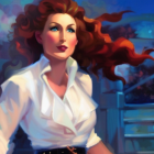 Stylized portrait of woman with red hair and blue eyes in white blouse