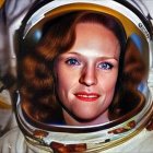 Portrait of Woman with Auburn Hair and Red Lipstick in Astronaut's Helmet