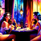 Two animated women in vintage showgirl outfits at a table with a bottle and glass in front of a