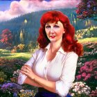 Red-haired woman in white blouse surrounded by pink blooms and castle landscape.