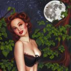 Smiling woman with retro hair in black bra under full moon