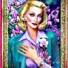 Blonde woman portrait with blue eyes in lilac shirt and gold accessories surrounded by flowers