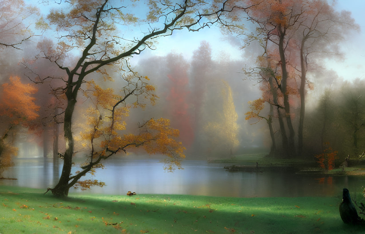 Colorful autumn trees reflecting in calm lake with light mist and bird perched nearby