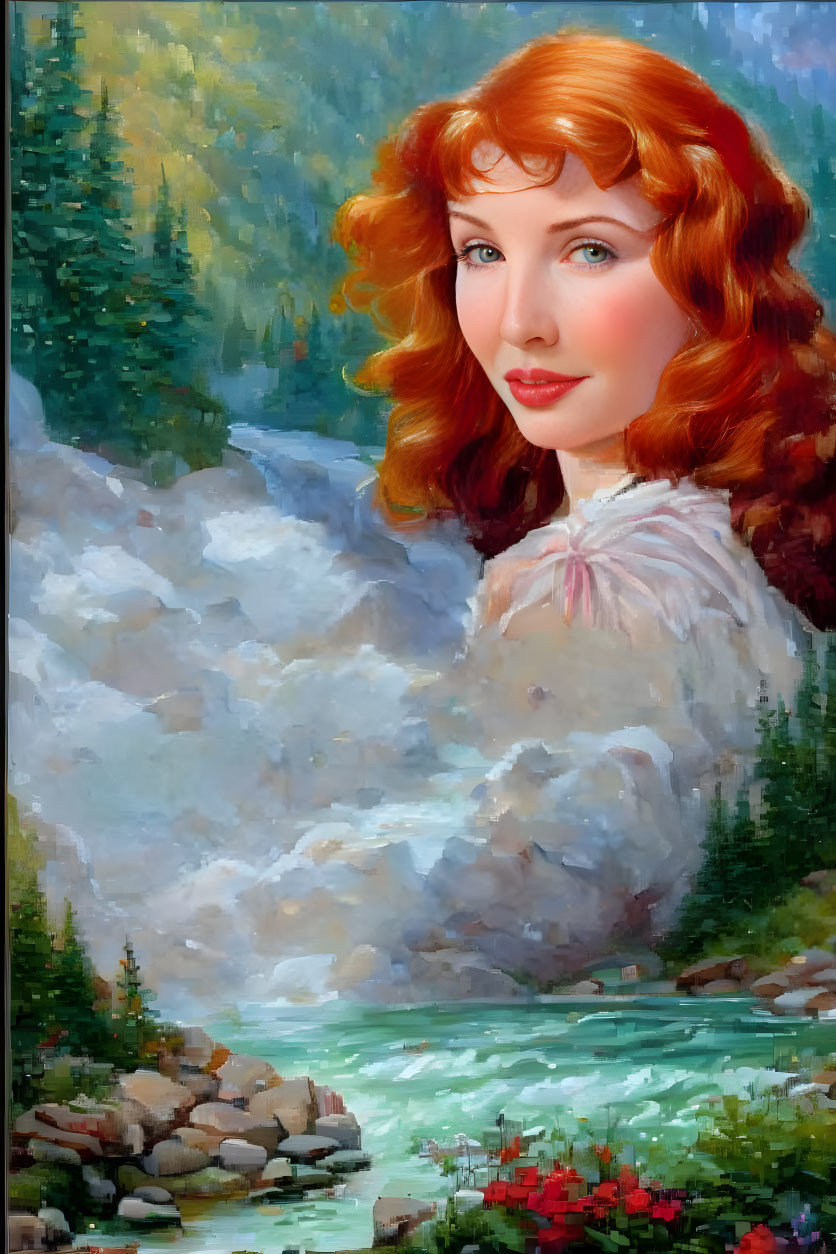 Red-haired woman in white dress by river in lush forest