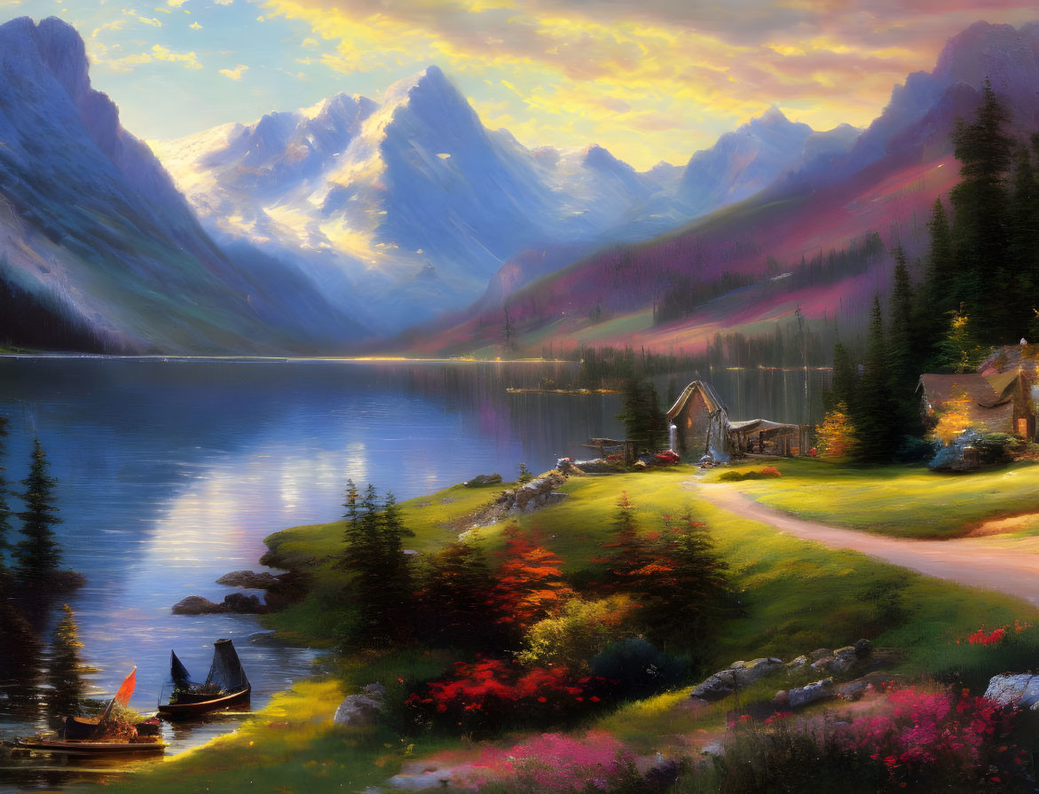 Serene lake, snow-capped mountains, cabins, and boats in vibrant sunset scene