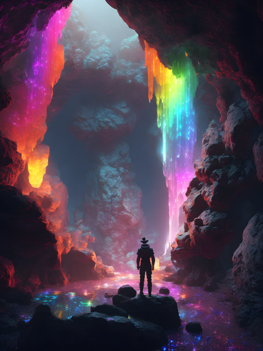 Person in Colorful Crystal Cave with Illuminated Pathway