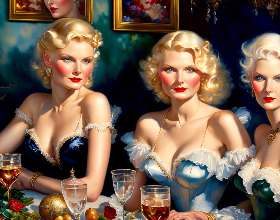 Three glamorous women with vintage hairstyles and elegant dresses at a table with wine glasses and a golden apple.