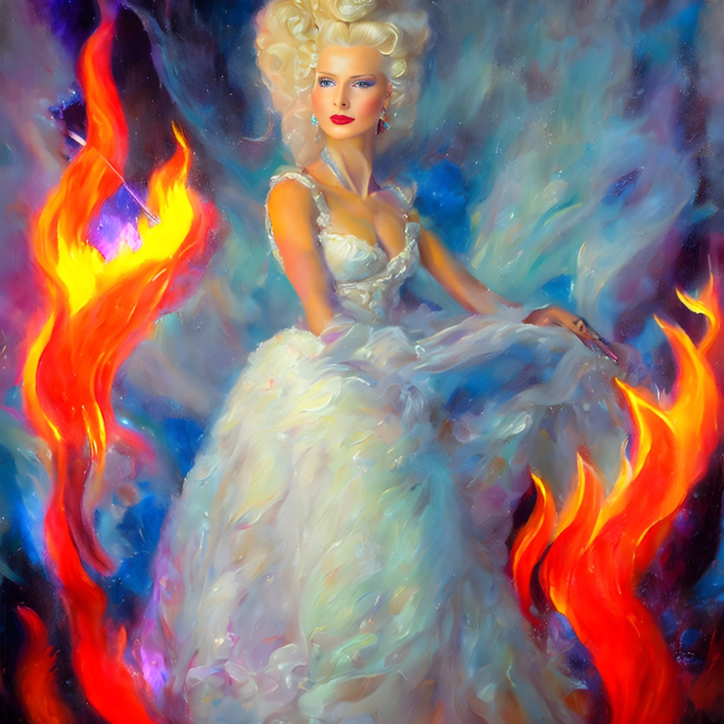 Woman in white gown engulfed by vivid flames on swirling blue backdrop